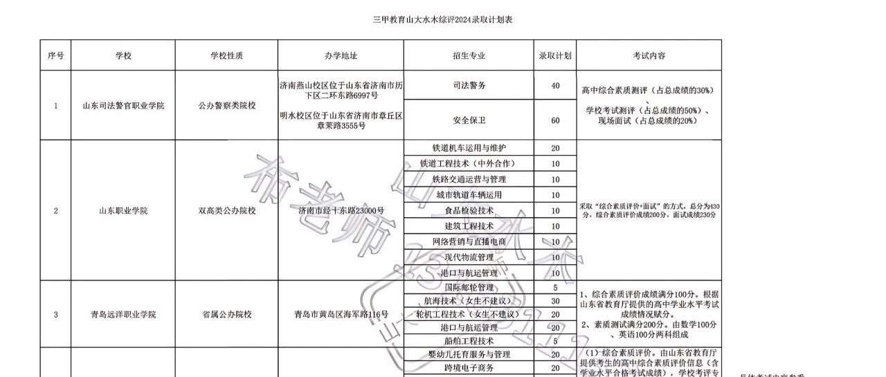 2024年山东省综评高校录取计划详情